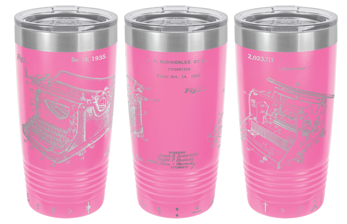 Vintage typewriter patent laser engraved on a pink stainless steel tumbler