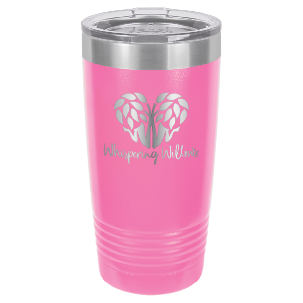 Pink laser engraved 20 oz tumbler featuring the Whispering Willows logo.