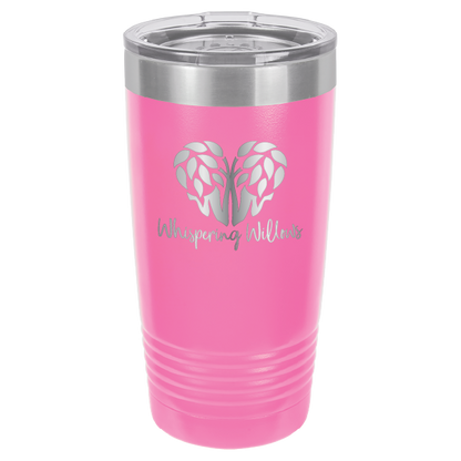 Pink laser engraved 20 oz tumbler featuring the Whispering Willows logo.