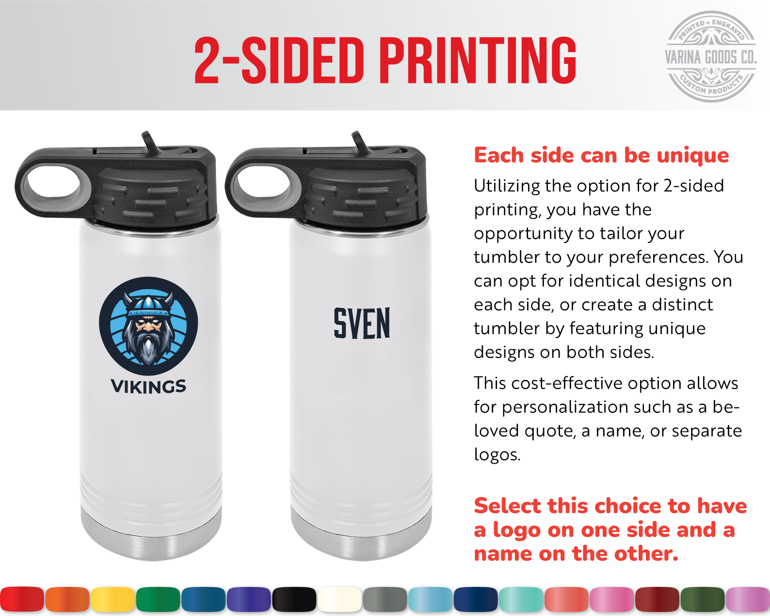 Full color printed 20 oz water bottle with flip top lid. Single tumbler with two-sided printing.