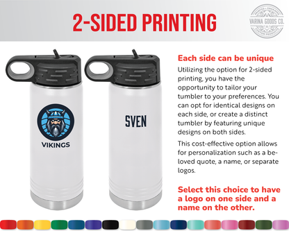 Full color printed 20 oz water bottle with flip top lid. Single tumbler with two-sided printing.