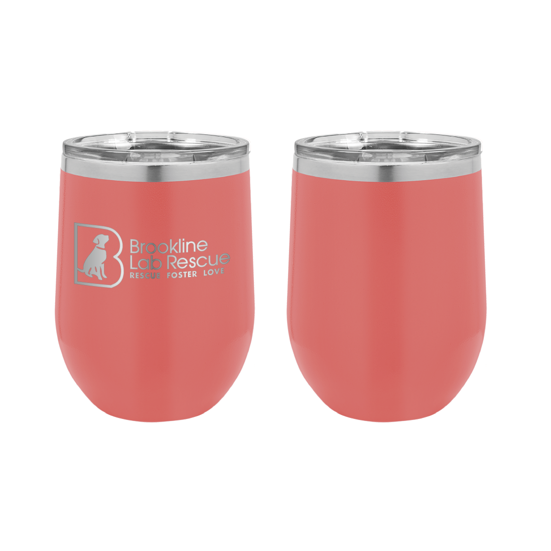 Coral laser engraved 12 oz wine tumbler featuring the Brookline Lab Rescue logo