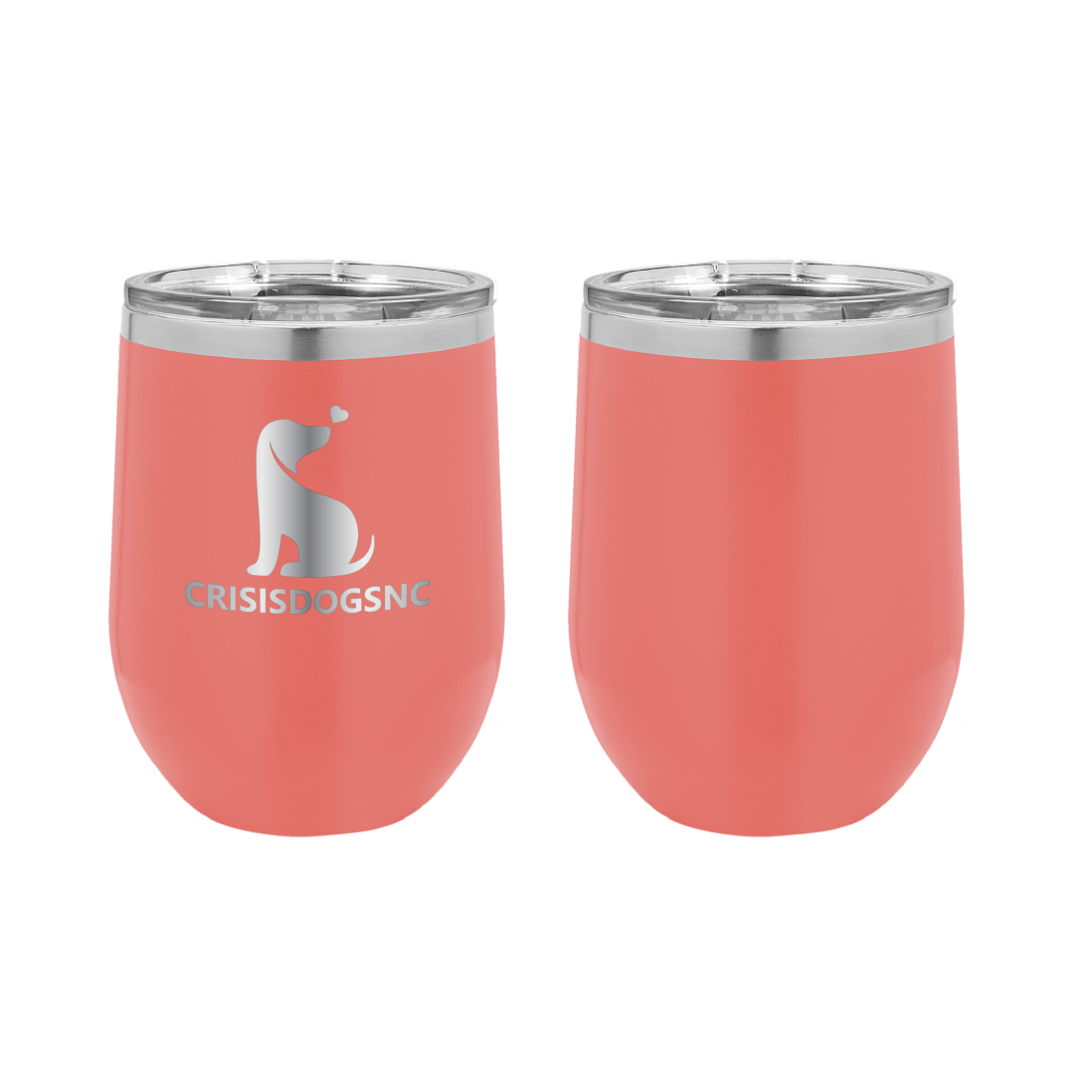 Coral laser engraved wine tumblers featuring the Crisis Dogs NC logo.