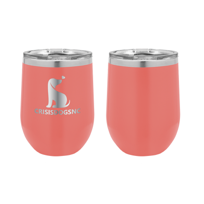 Coral laser engraved wine tumblers featuring the Crisis Dogs NC logo.