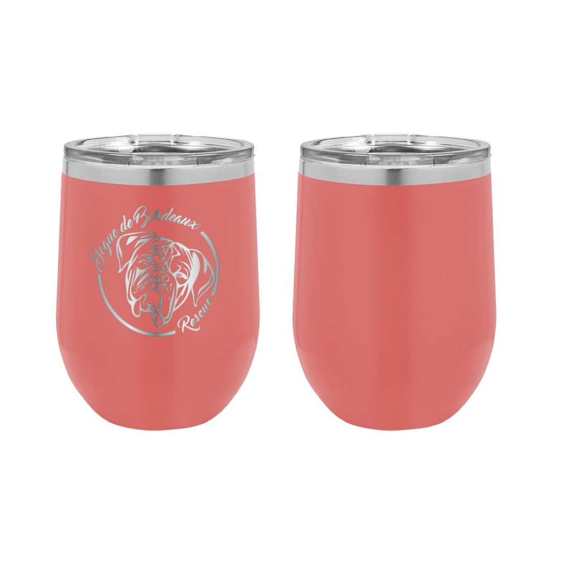 Coral 12 oz wine tumbler laser engraved  featuring the Dogue de Bordeaux Rescue, Inc. logo