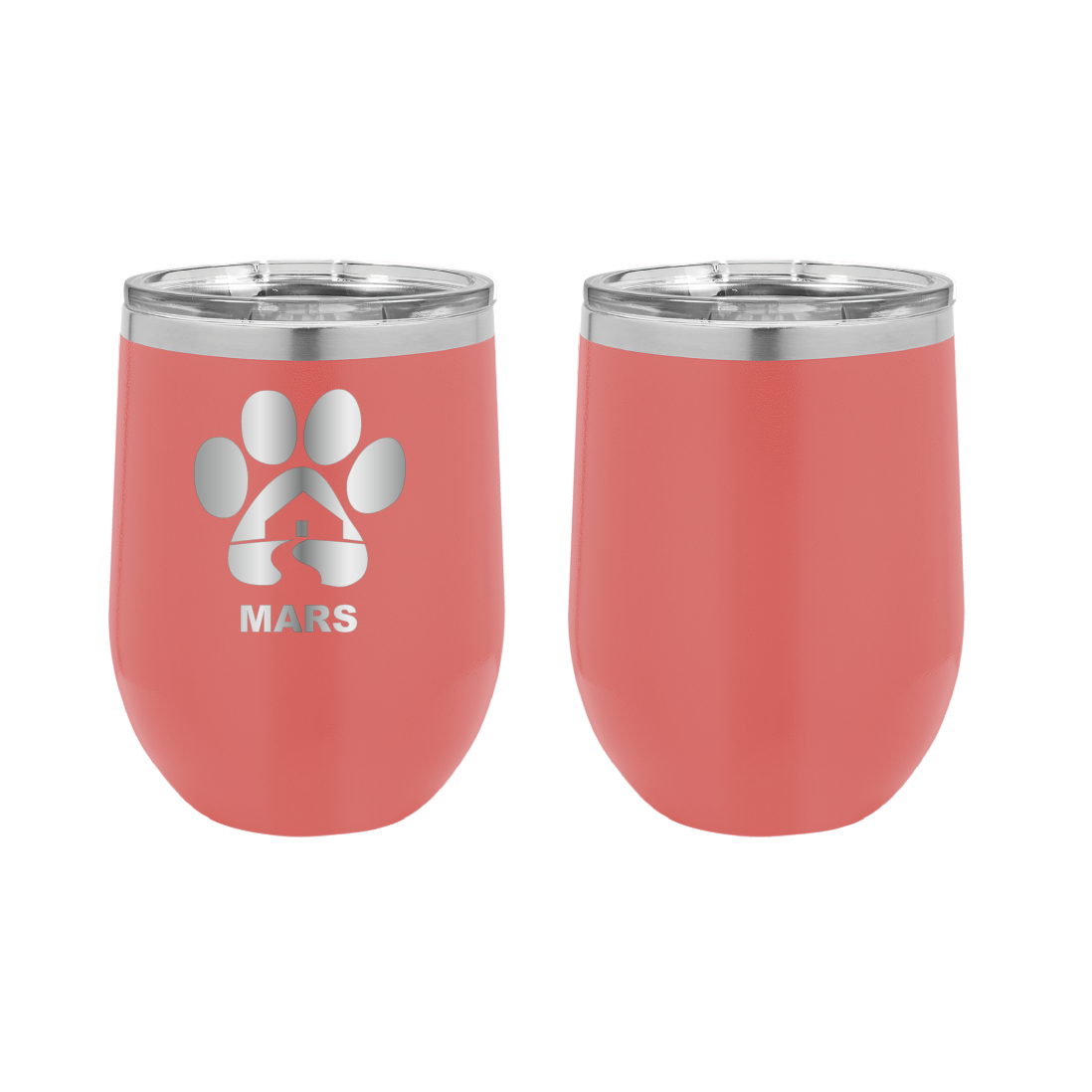Coral 12 ounce laser engraved wine tumbler with the Midwest Animal Rescue & Services (MARS) logo.