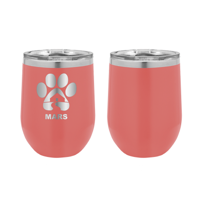 Coral 12 ounce laser engraved wine tumbler with the Midwest Animal Rescue & Services (MARS) logo.