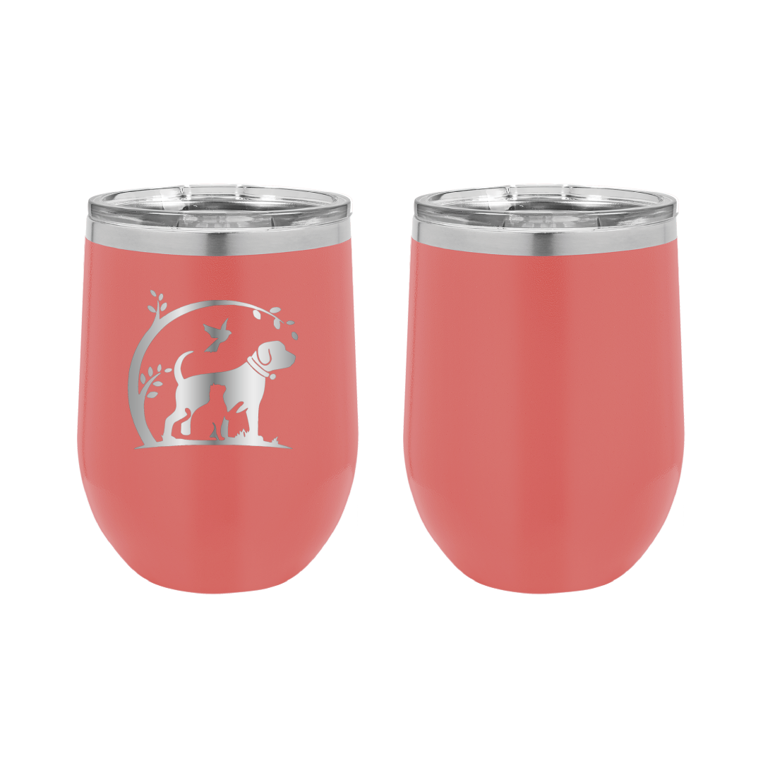Coral 12 oz laser engraved wine tumbler featuring the No Critter Left Behind logo