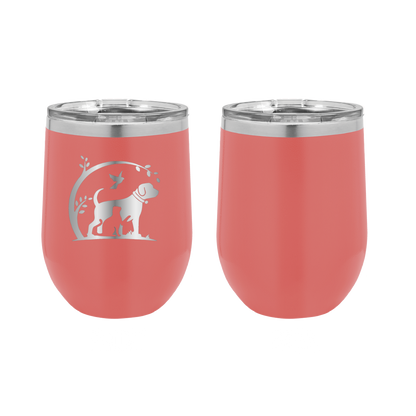 Coral 12 oz laser engraved wine tumbler featuring the No Critter Left Behind logo