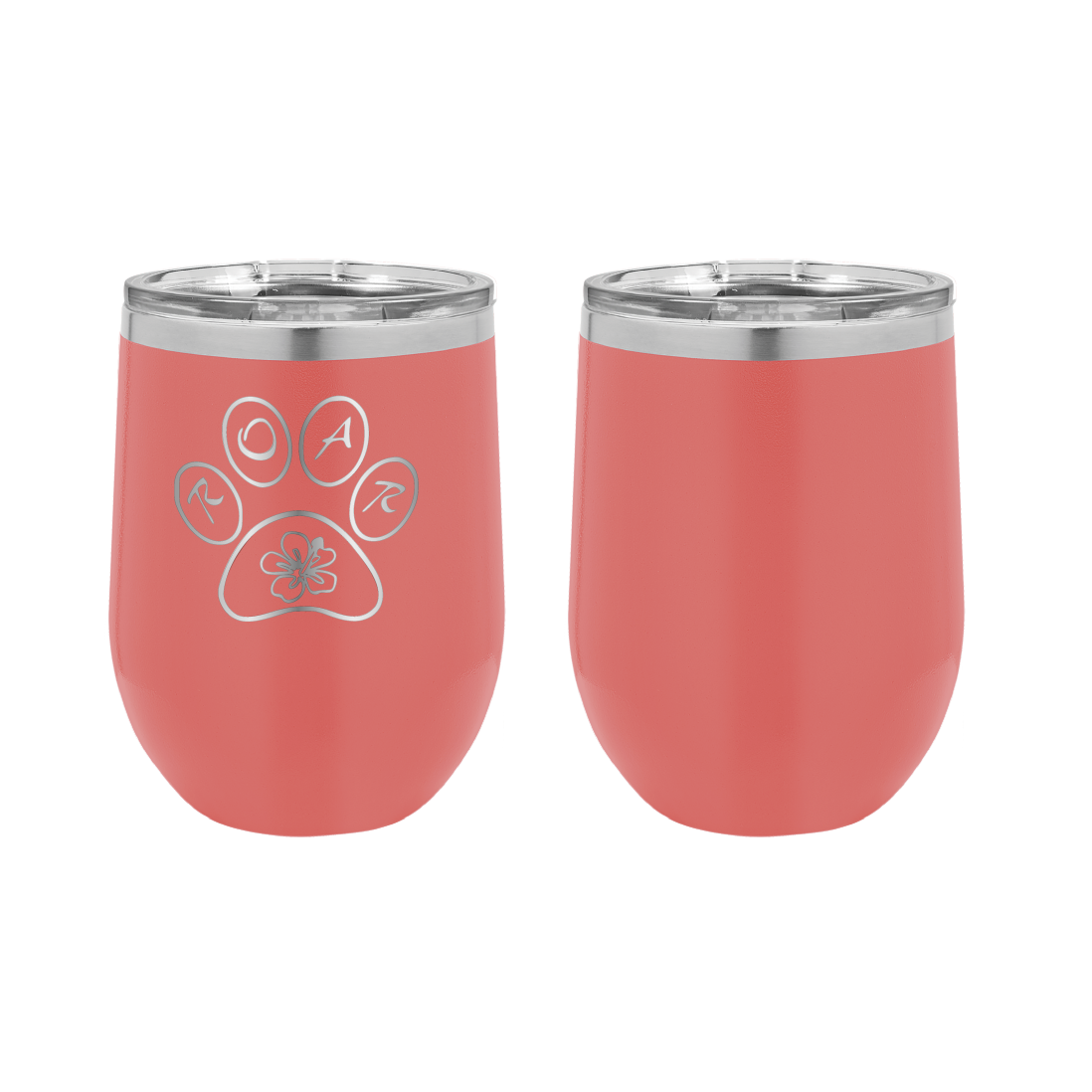 Laser engraved 12 oz stemless wine tumbler, featuring the ROAR NC animal rescue logo, in coral