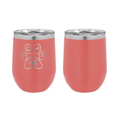 Laser engraved 12 oz stemless wine tumbler, featuring the ROAR NC animal rescue logo, in coral