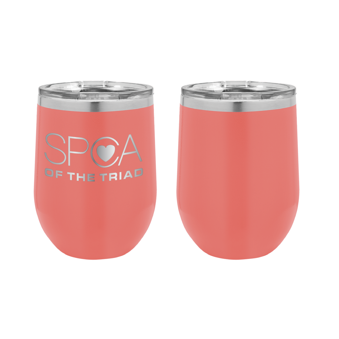 Coral 12 oz Laser engraved wine tumbler featuring the SPCA of the Triad logo. 