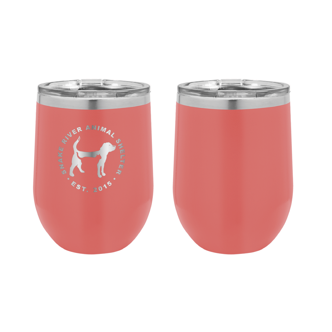 Coral 12 oz laser engraved wine tumbler featuring the Snake River Animal Shelter logo