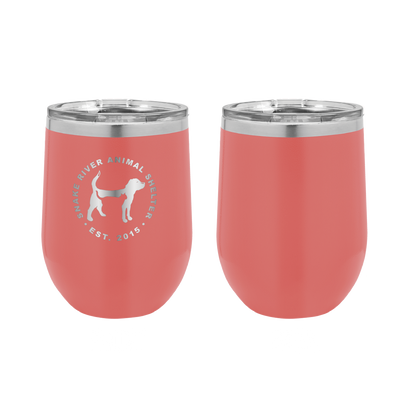 Coral 12 oz laser engraved wine tumbler featuring the Snake River Animal Shelter logo
