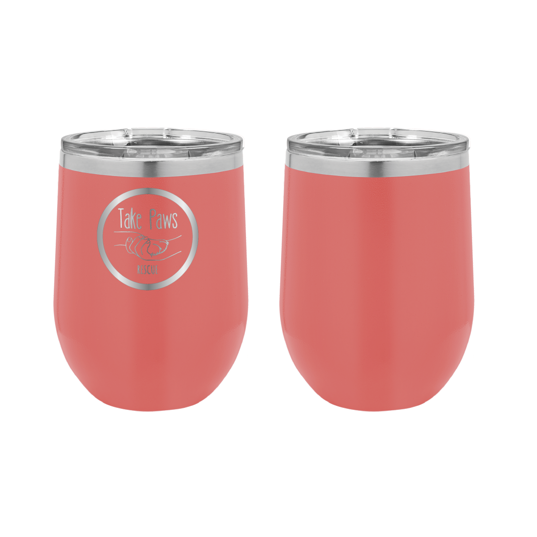 Coral 12 oz wine tumbler laser engraved  tumbler featuring the Take Paws Rescue logo