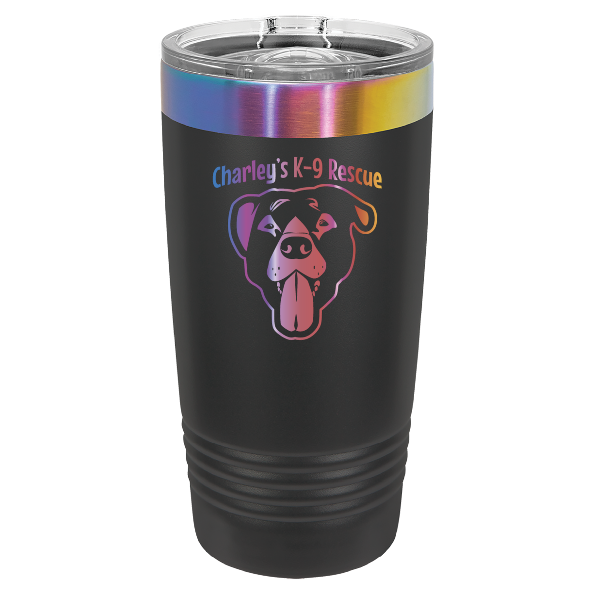 Black/Prism 20 ounce tumbler laser engraved  tumbler featuring the Charley's K9 Rescue logo