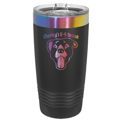 Black/Prism 20 ounce tumbler laser engraved  tumbler featuring the Charley's K9 Rescue logo