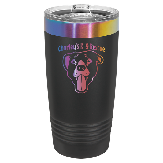 Black/Prism 20 ounce tumbler laser engraved  tumbler featuring the Charley's K9 Rescue logo