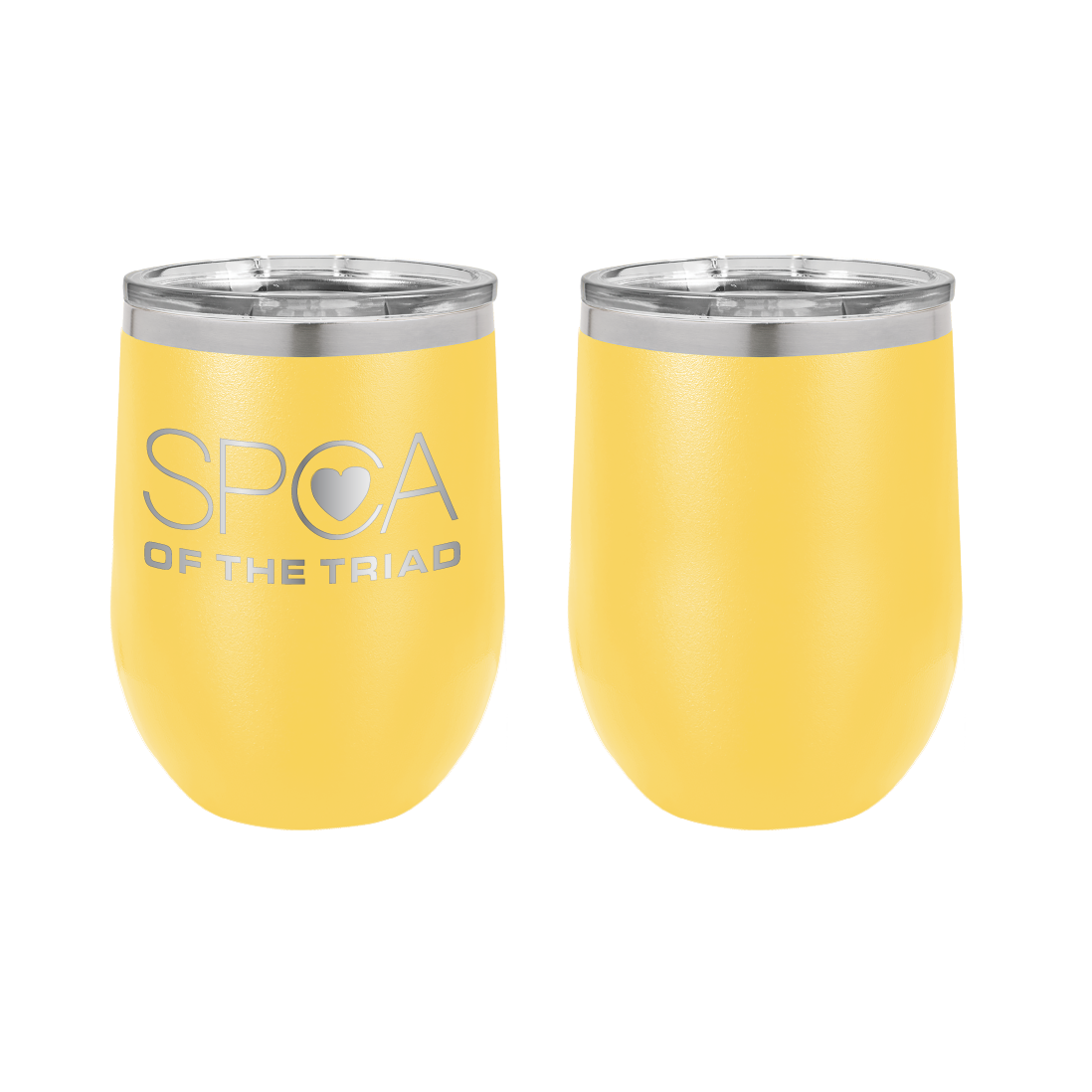 Yellow 12 oz Laser engraved wine tumbler featuring the SPCA of the Triad logo. 