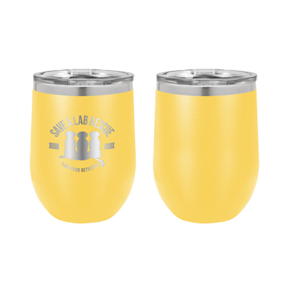 12 oz Wine Tumbler, laser engraved gift for mom's, dads and dog lovers. Yellow tumbler with the Save A Lab logo.