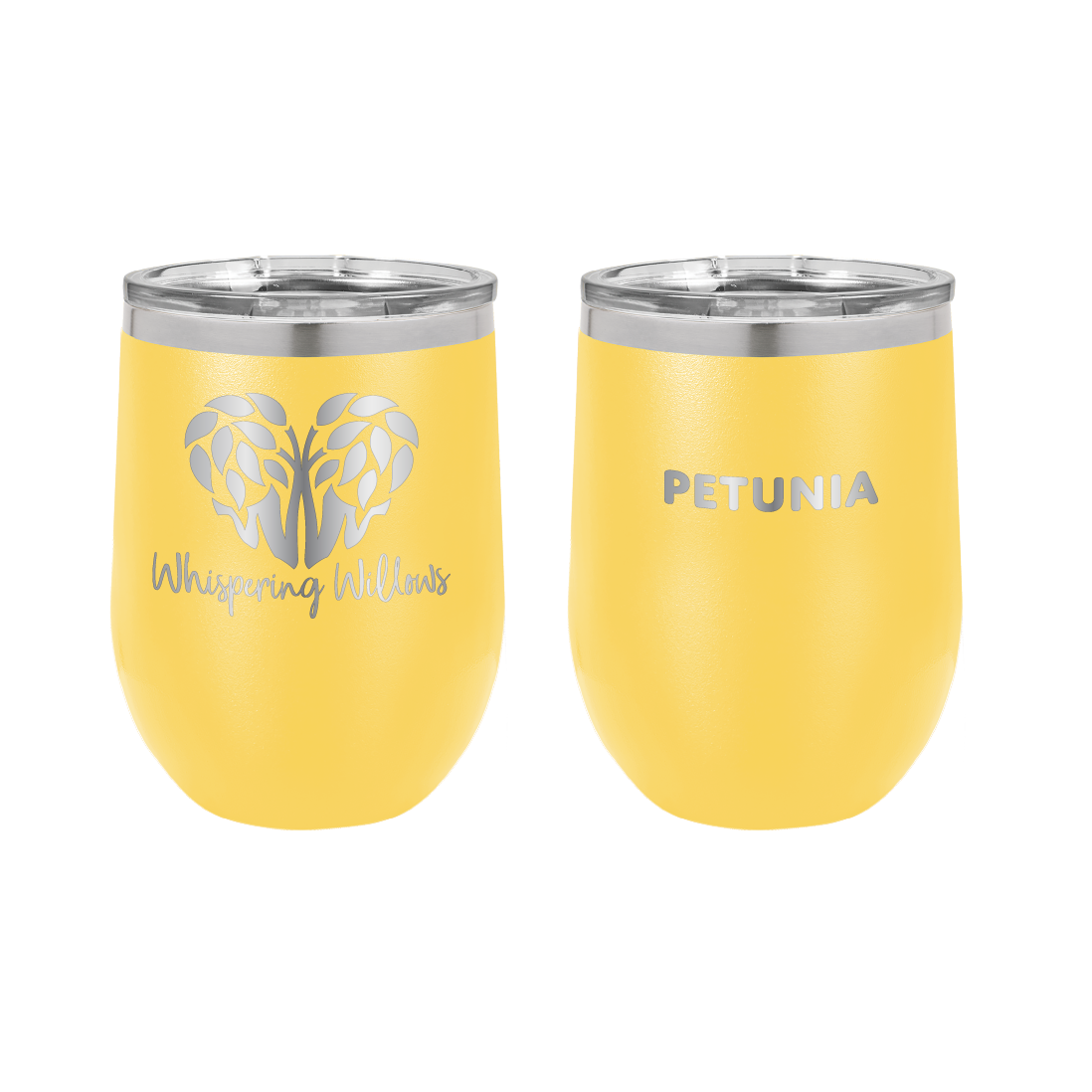 Yellow  laser engraved 12 oz wine tumbler featuring the Whispering Willows logo and the name "Petunia".