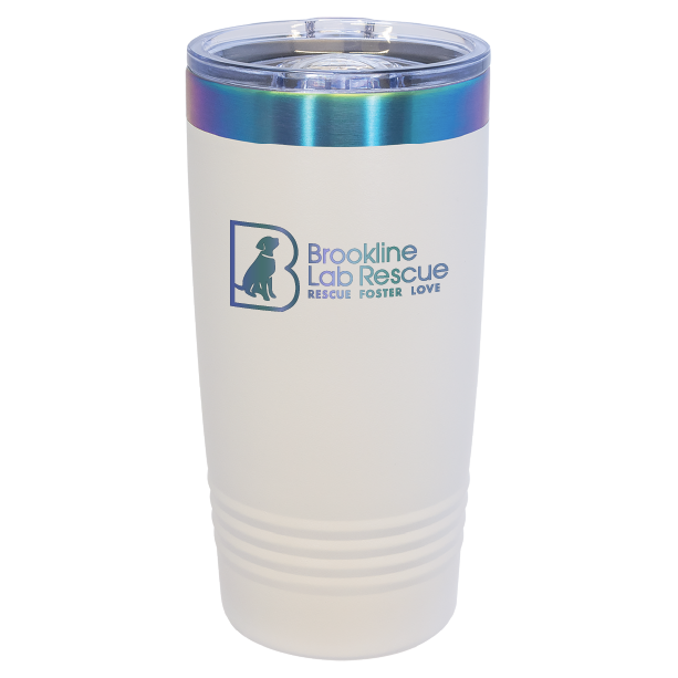 White and prism  laser engraved 20 ounce tumbler featuring the Brookline Lab Rescue logo