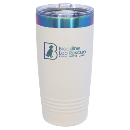 White and prism  laser engraved 20 ounce tumbler featuring the Brookline Lab Rescue logo