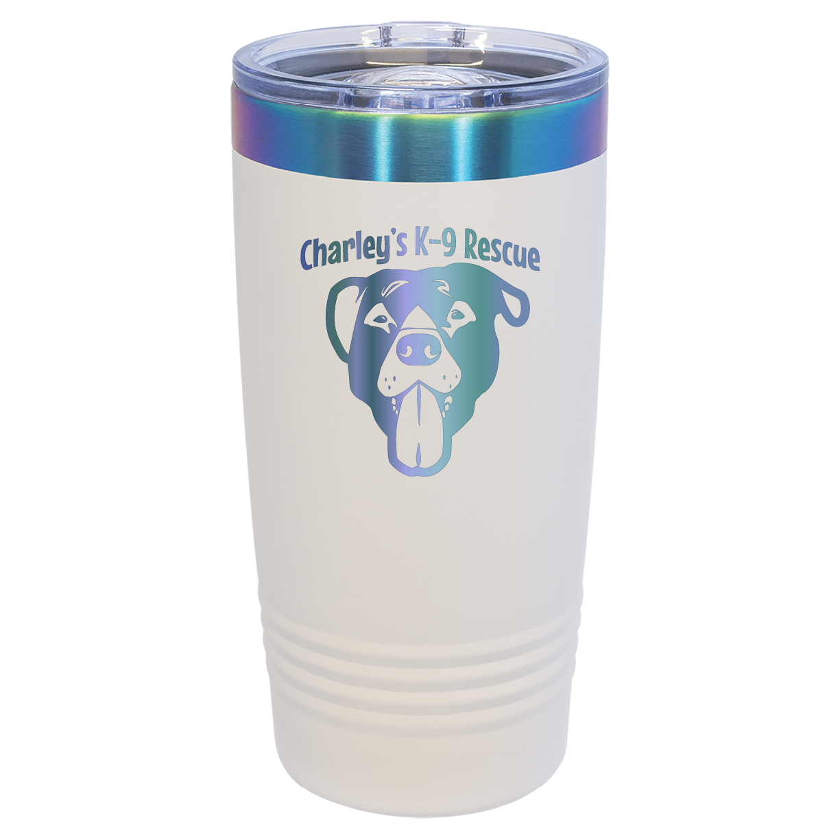 White/Prism 20 ounce tumbler laser engraved  tumbler featuring the Charley's K9 Rescue logo