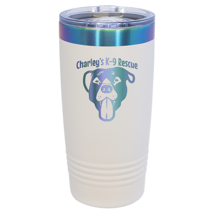 White/Prism 20 ounce tumbler laser engraved  tumbler featuring the Charley's K9 Rescue logo