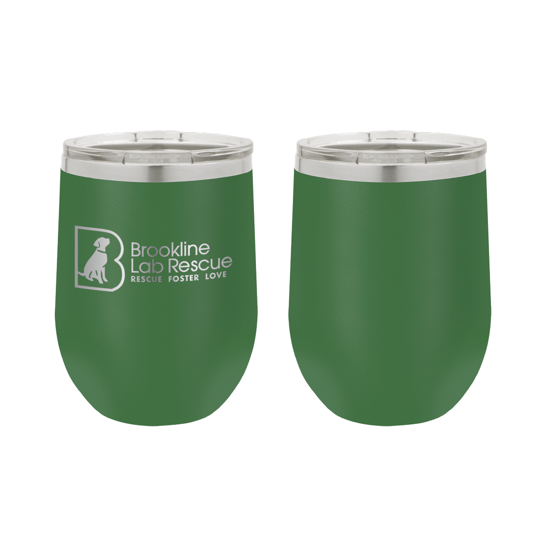 Green laser engraved 12 oz wine tumbler featuring the Brookline Lab Rescue logo