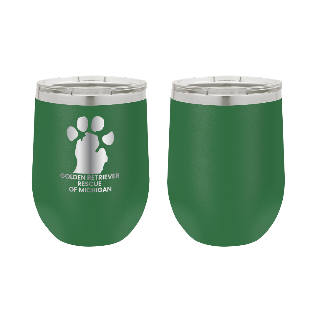 Green 12 oz Wine tumbler featuring the Golden Retriever Rescue of Michigan logo