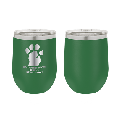 Green 12 oz Wine tumbler featuring the Golden Retriever Rescue of Michigan logo