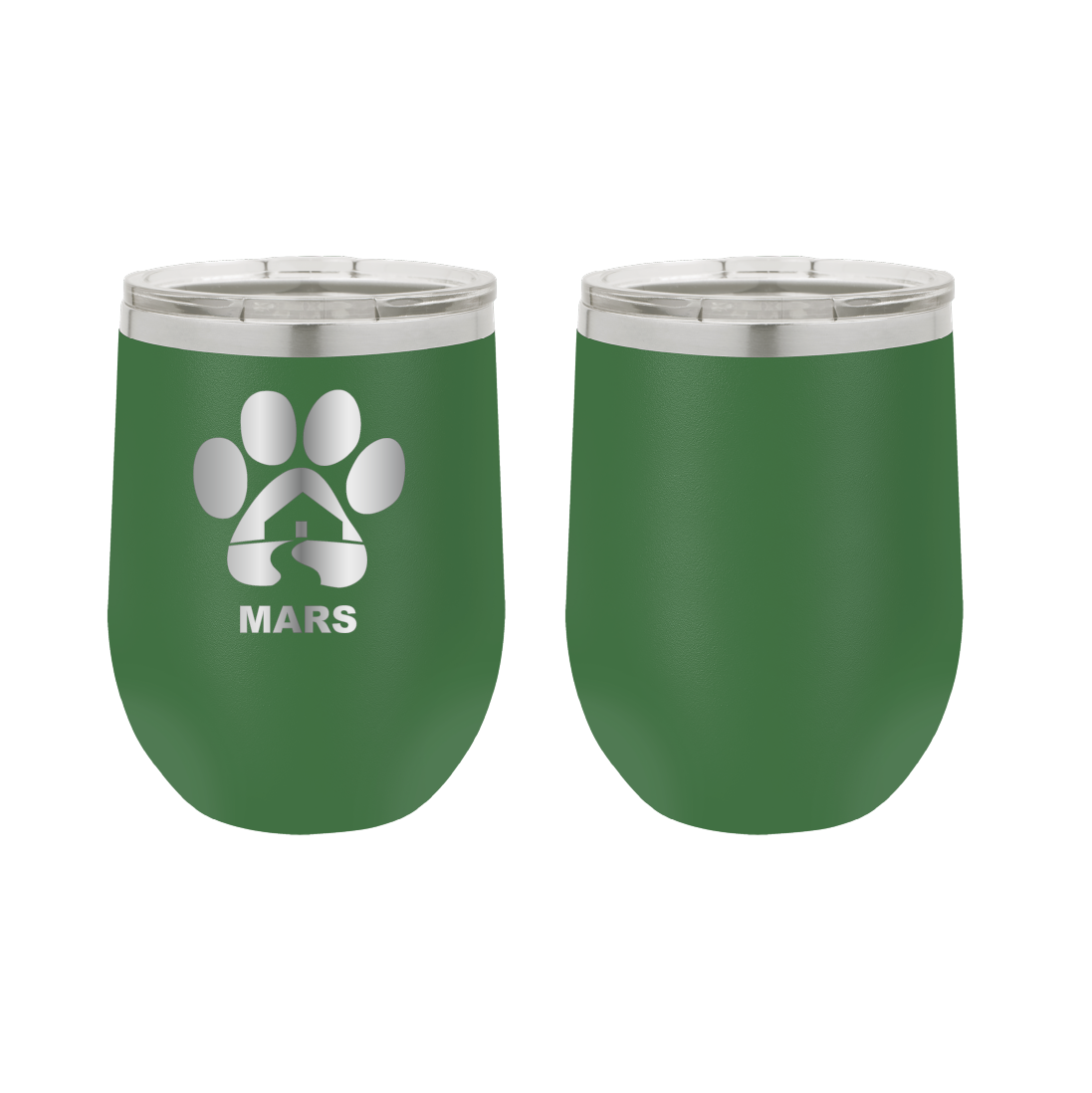 Gren 12 ounce laser engraved wine tumbler with the Midwest Animal Rescue & Services (MARS) logo.