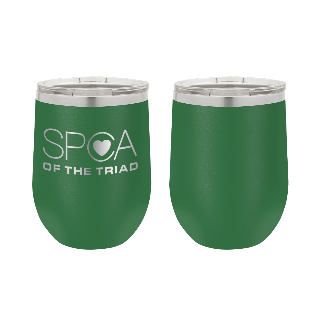 Green 12 oz Laser engraved wine tumbler featuring the SPCA of the Triad logo. 