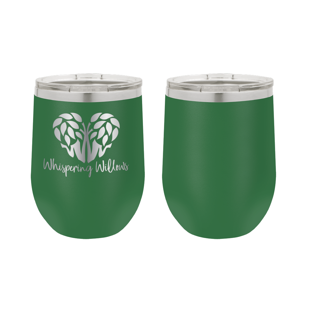 Green laser engraved 12 oz wine tumbler featuring the Whispering Willows logo.