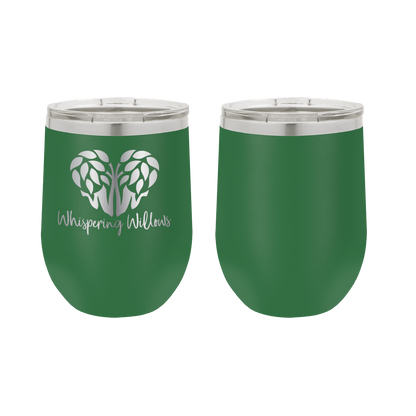 Green laser engraved 12 oz wine tumbler featuring the Whispering Willows logo.