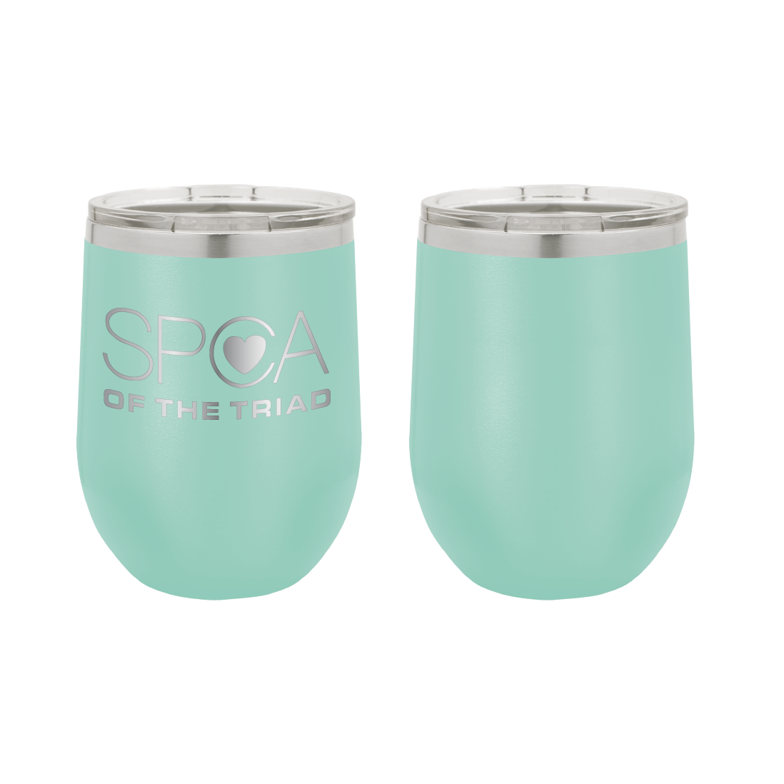 Teal  12 oz Laser engraved wine tumbler featuring the SPCA of the Triad logo. 