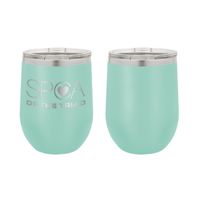 Teal  12 oz Laser engraved wine tumbler featuring the SPCA of the Triad logo. 