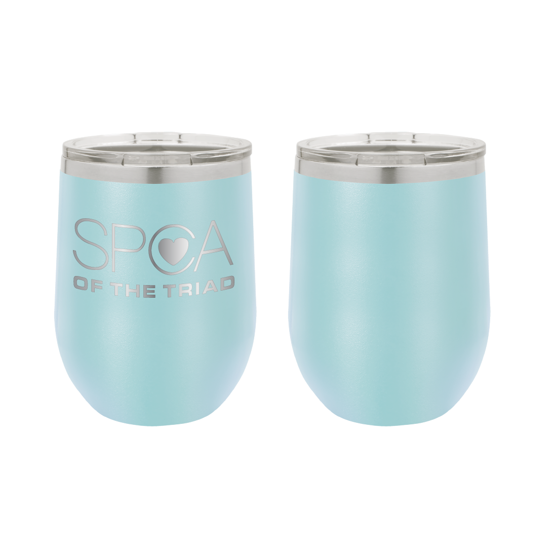 Light Blue  12 oz Laser engraved wine tumbler featuring the SPCA of the Triad logo. 