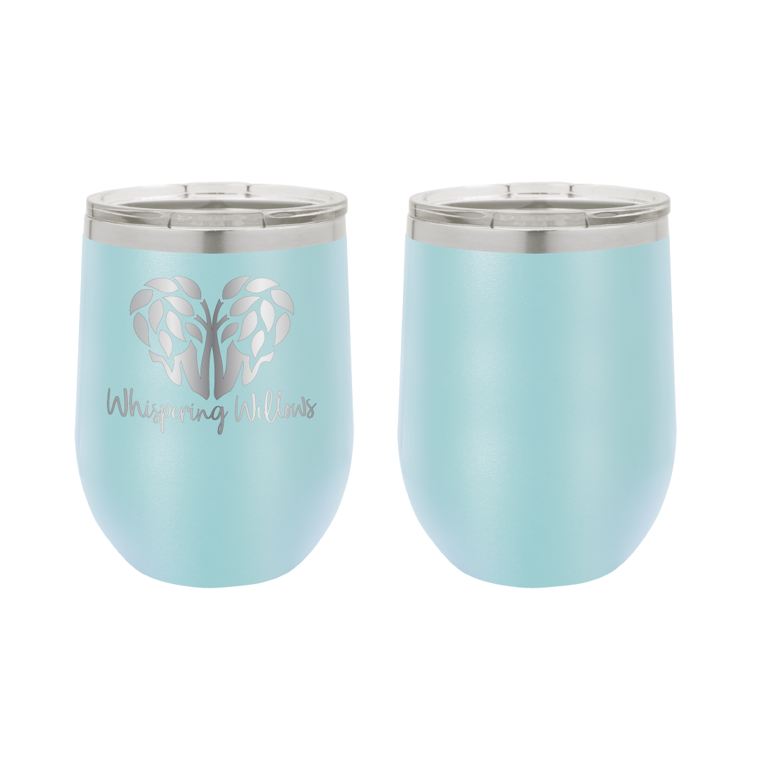 Lightblue laser engraved 12 oz wine tumbler featuring the Whispering Willows logo.