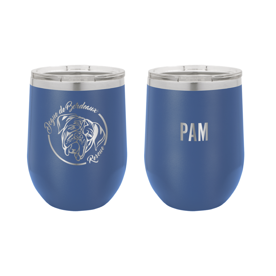 Royal blue 12 oz wine tumbler laser engraved  featuring the Dogue de Bordeaux Rescue, Inc. logo, personalized with the name, "Pam."