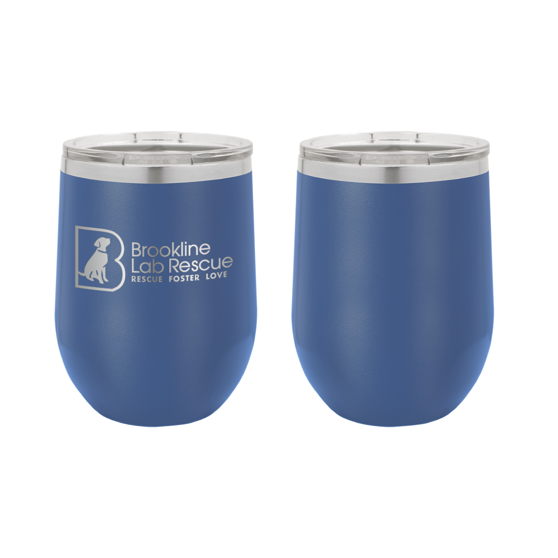 Royal blue laser engraved 12 oz wine tumbler featuring the Brookline Lab Rescue logo