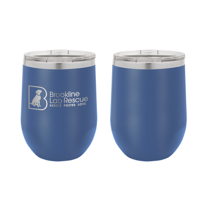 Royal blue laser engraved 12 oz wine tumbler featuring the Brookline Lab Rescue logo