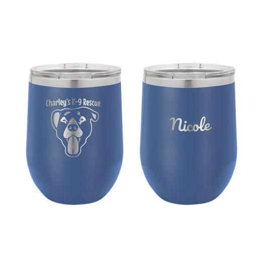 Royal blue 12 oz wine tumbler laser engraved  tumbler featuring the Charley's K9 Rescue logo