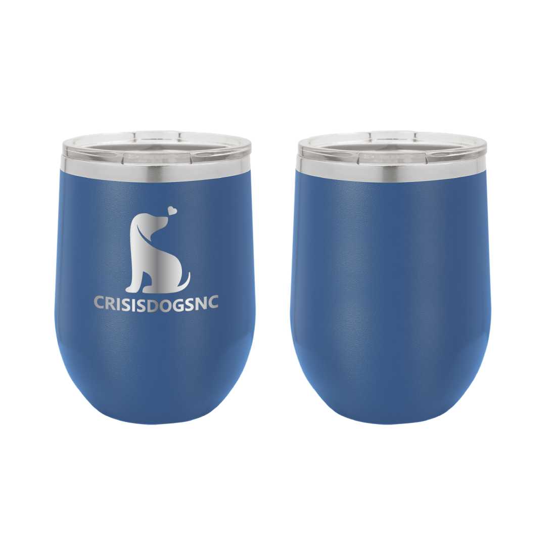 Royal blue laser engraved wine tumbler featuring the Crisis Dogs NC logo.