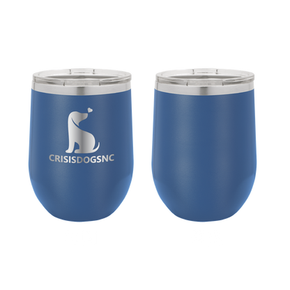 Royal blue laser engraved wine tumbler featuring the Crisis Dogs NC logo.