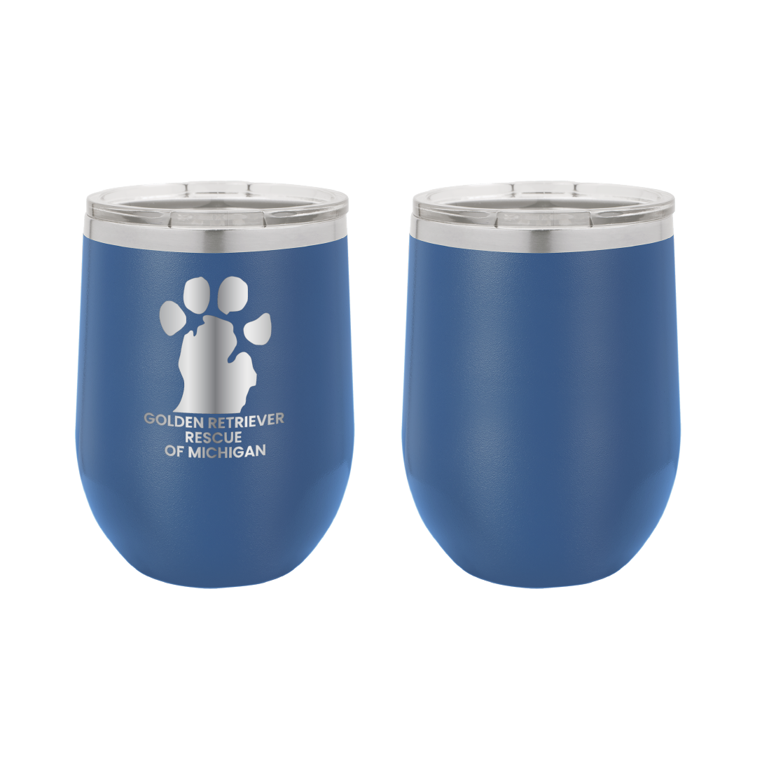 Royal Blue 12 oz Wine tumbler featuring the Golden Retriever Rescue of Michigan logo