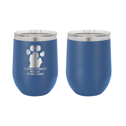 Royal Blue 12 oz Wine tumbler featuring the Golden Retriever Rescue of Michigan logo