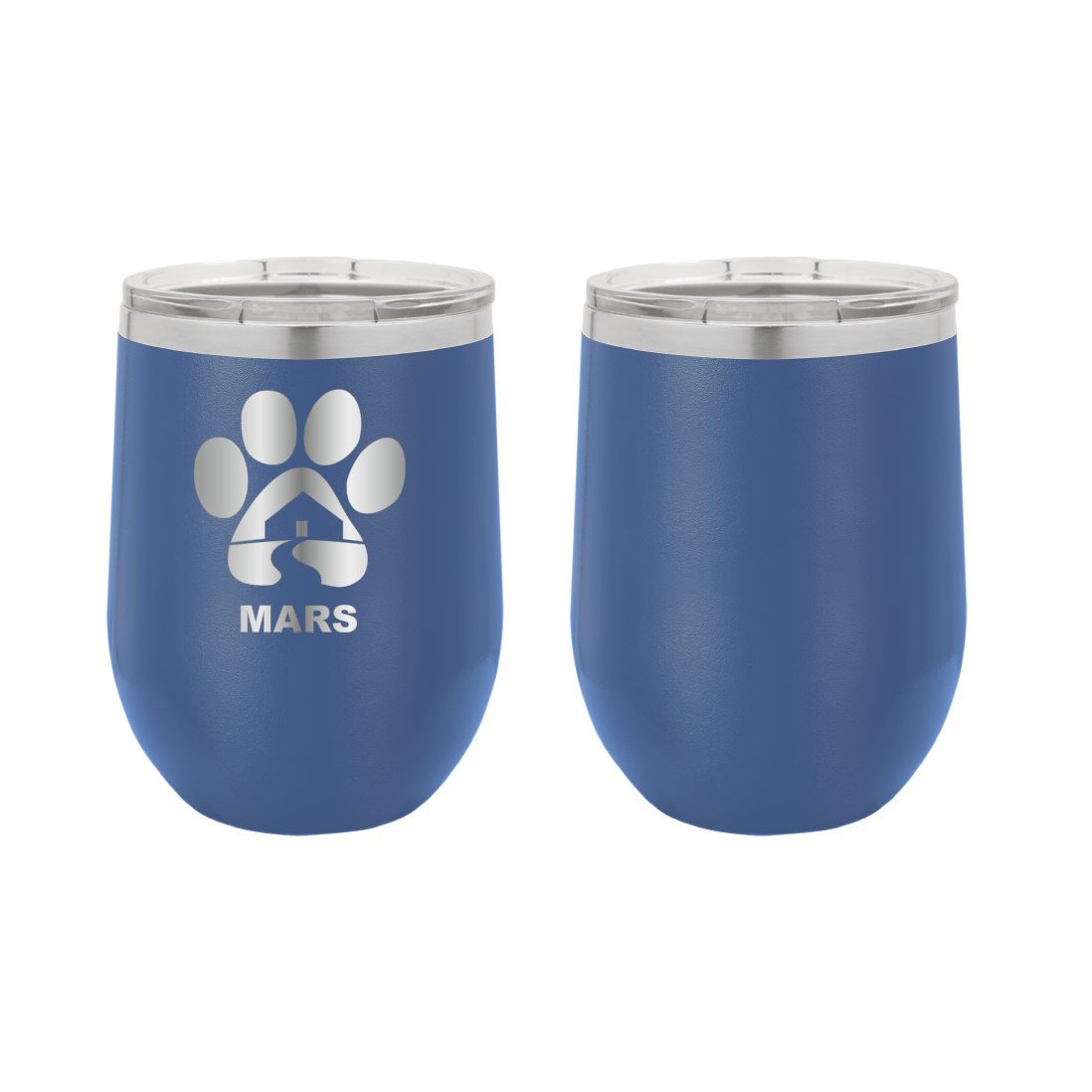 Royal blue 12 ounce laser engraved wine tumbler with the Midwest Animal Rescue & Services (MARS) logo.