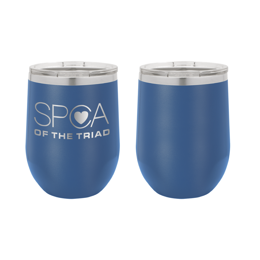 Royal Blue 12 oz Laser engraved wine tumbler featuring the SPCA of the Triad logo. 